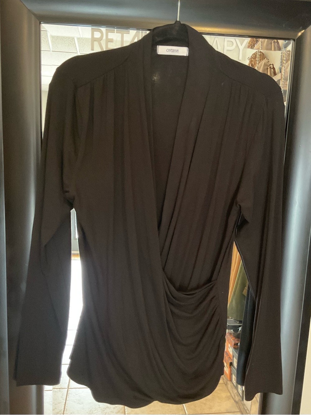 Cherish Black Surplice Knit Drape Blouse